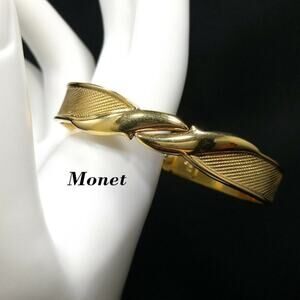 Vintage MONET Gold Plated Textured Hinged Cuff Style Bracelet, 6 1/2 Inches